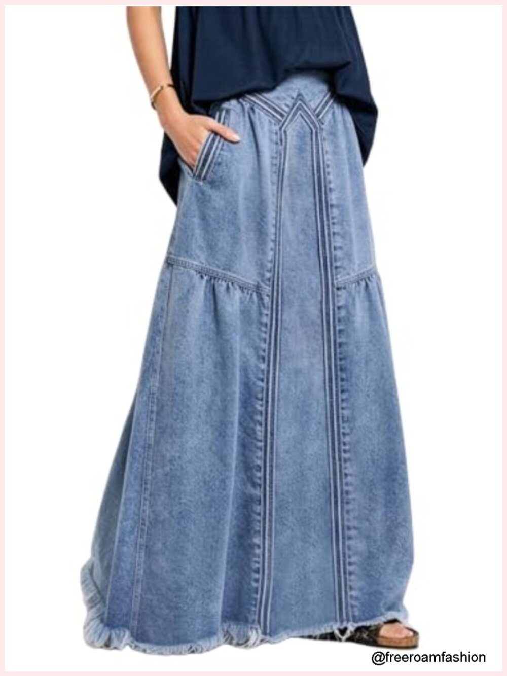Women's High Waist A-Line Frayed Maxi Denim Skirt with Pockets - Picture 1 of 6